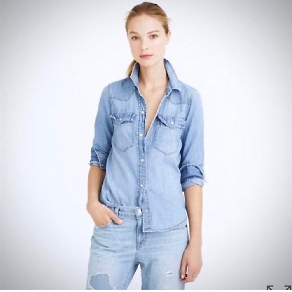 J Crew Blue Western Chambray Shirt 10 Cotton Pearl Snap 06876 Long Sleeves Yoke